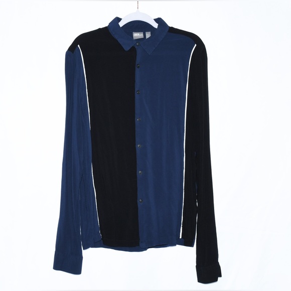 ASOS Tall Bowling Shirt Black Blue White Stripe Long Sleeve - Picture 1 of 5